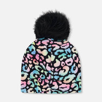 Stretch Jersey Hat Black Animal Print With Pompom