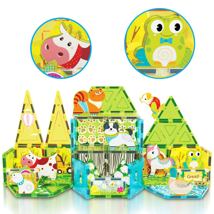 Magnet Tile Building Blocks Farm Animal Toy Set with 8 Character Action Figures