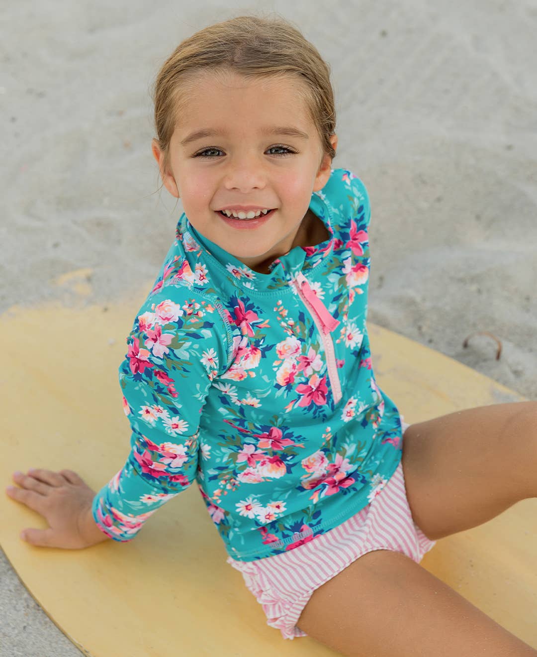 Girls Fancy Me Floral Long Sleeve Zipper Rash Guard 2-Piece Swimsuit with Signature Rear Ruffles