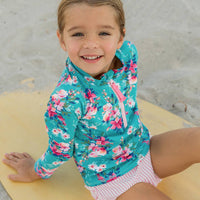 Girls Fancy Me Floral Long Sleeve Zipper Rash Guard 2-Piece Swimsuit with Signature Rear Ruffles