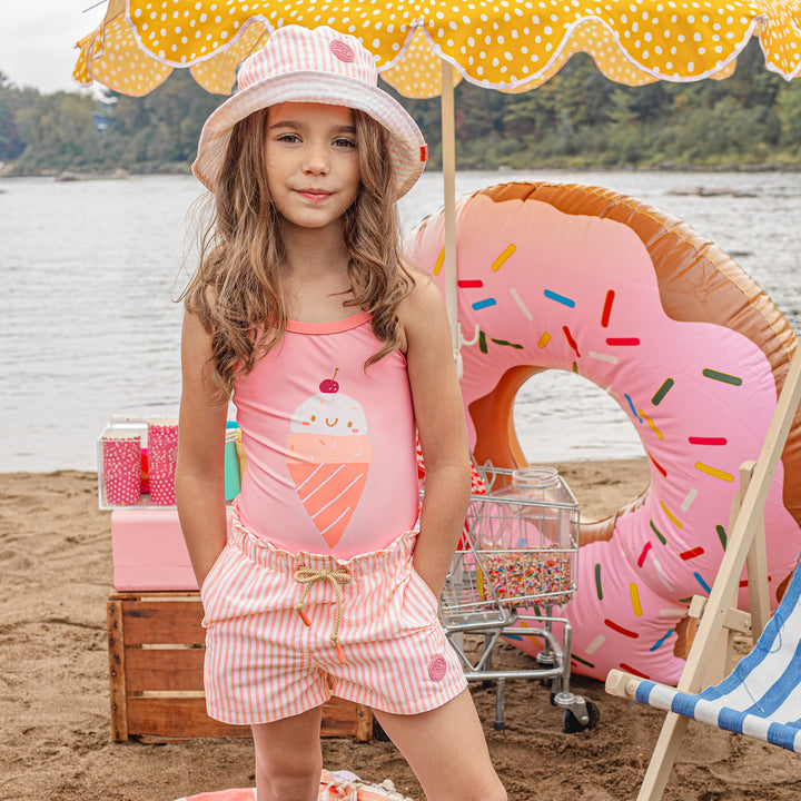 PINK ONE PIECE SWIMSUIT WITH ICE CREAM CONE PRINT, CHILD