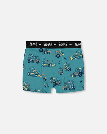 Printed Organic Cotton Boxer Shorts Teal With Yellow Truck