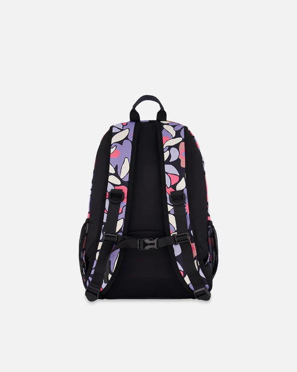Kids Backpack Black Retro Flower Print