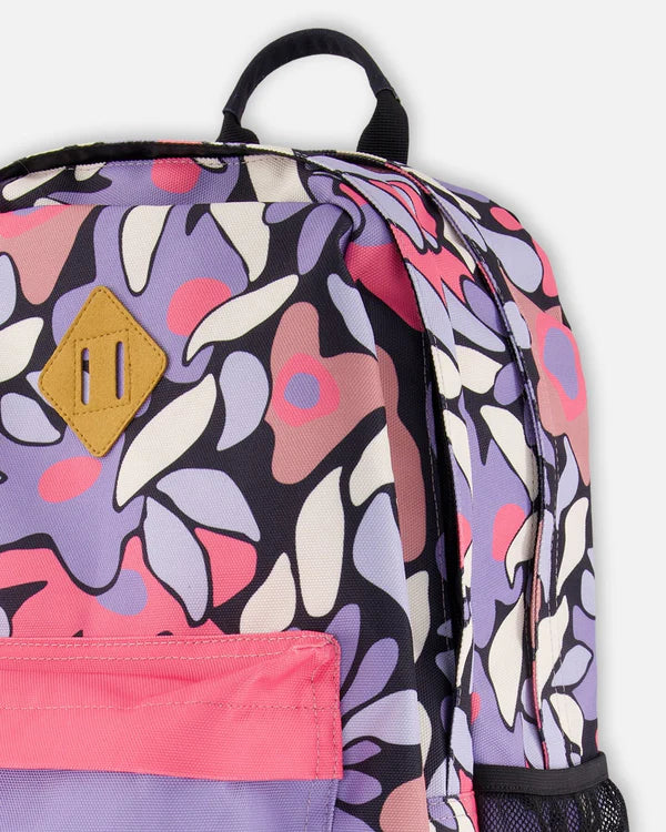 Kids Backpack Black Retro Flower Print