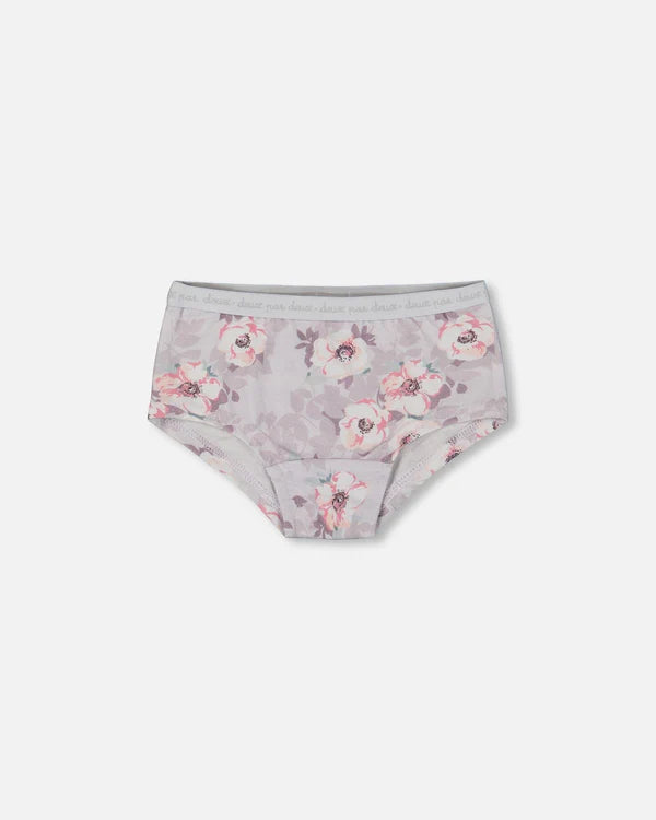 Printed Organic Cotton Boyshort Panty Pale Pink Flowers On Neutral Lilac