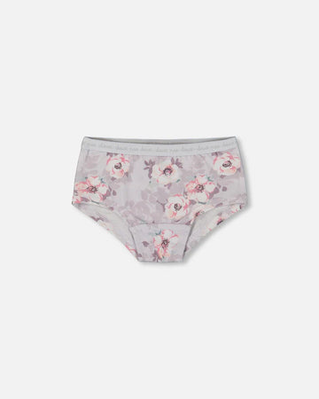 Printed Organic Cotton Boyshort Panty Pale Pink Flowers On Neutral Lilac