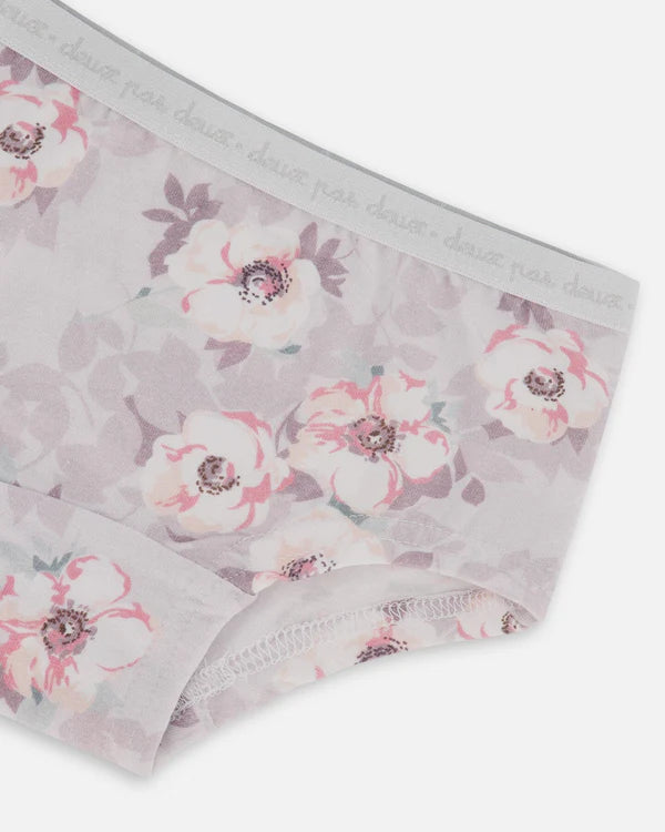 Printed Organic Cotton Boyshort Panty Pale Pink Flowers On Neutral Lilac