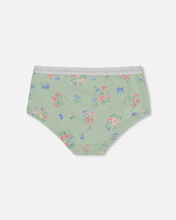 Printed Organic Cotton Boyshort Panty Small Pink And Blue Flowers On Light Sage