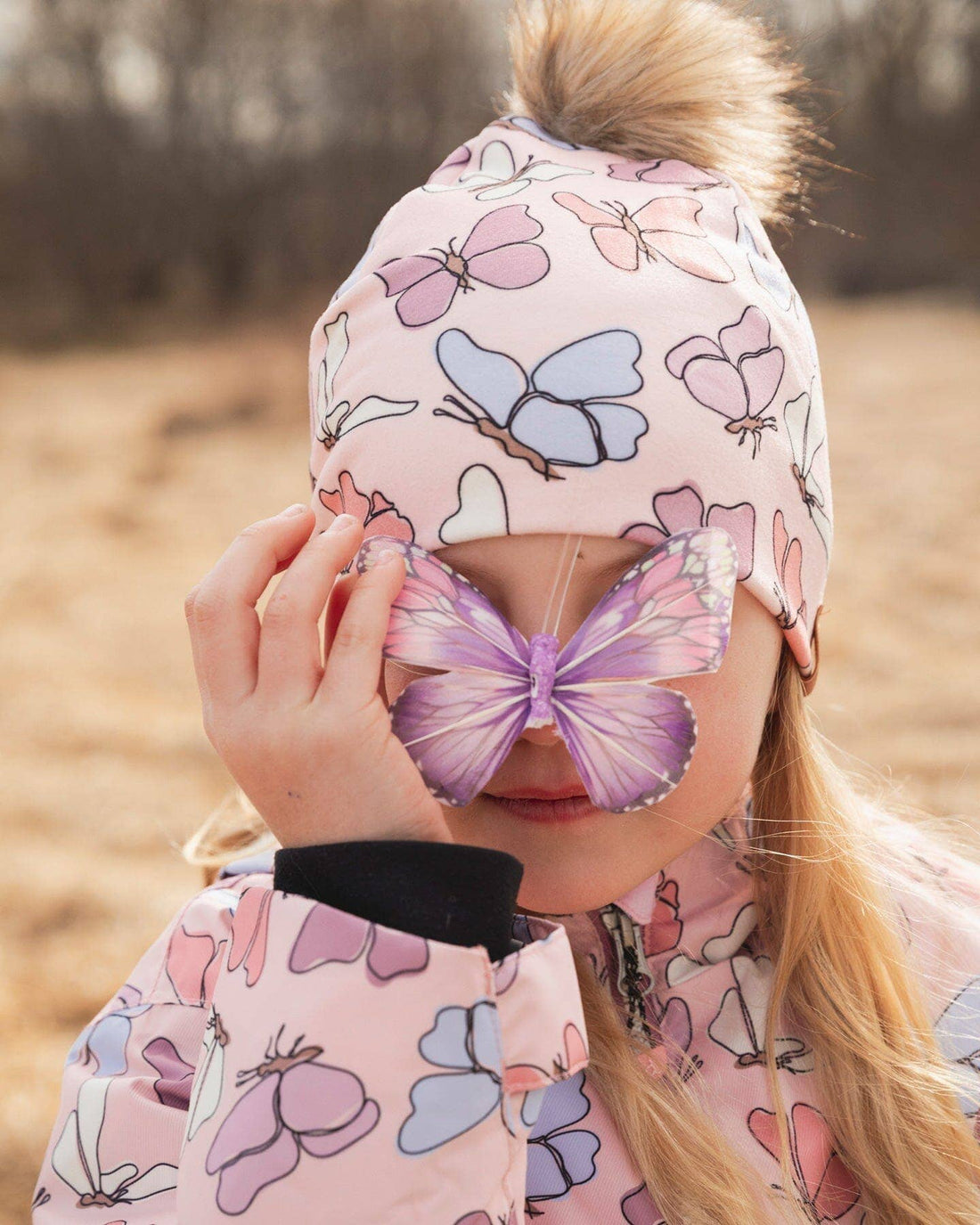 Stretch Jersey Hat Pink Printed Butterflies With Pompom
