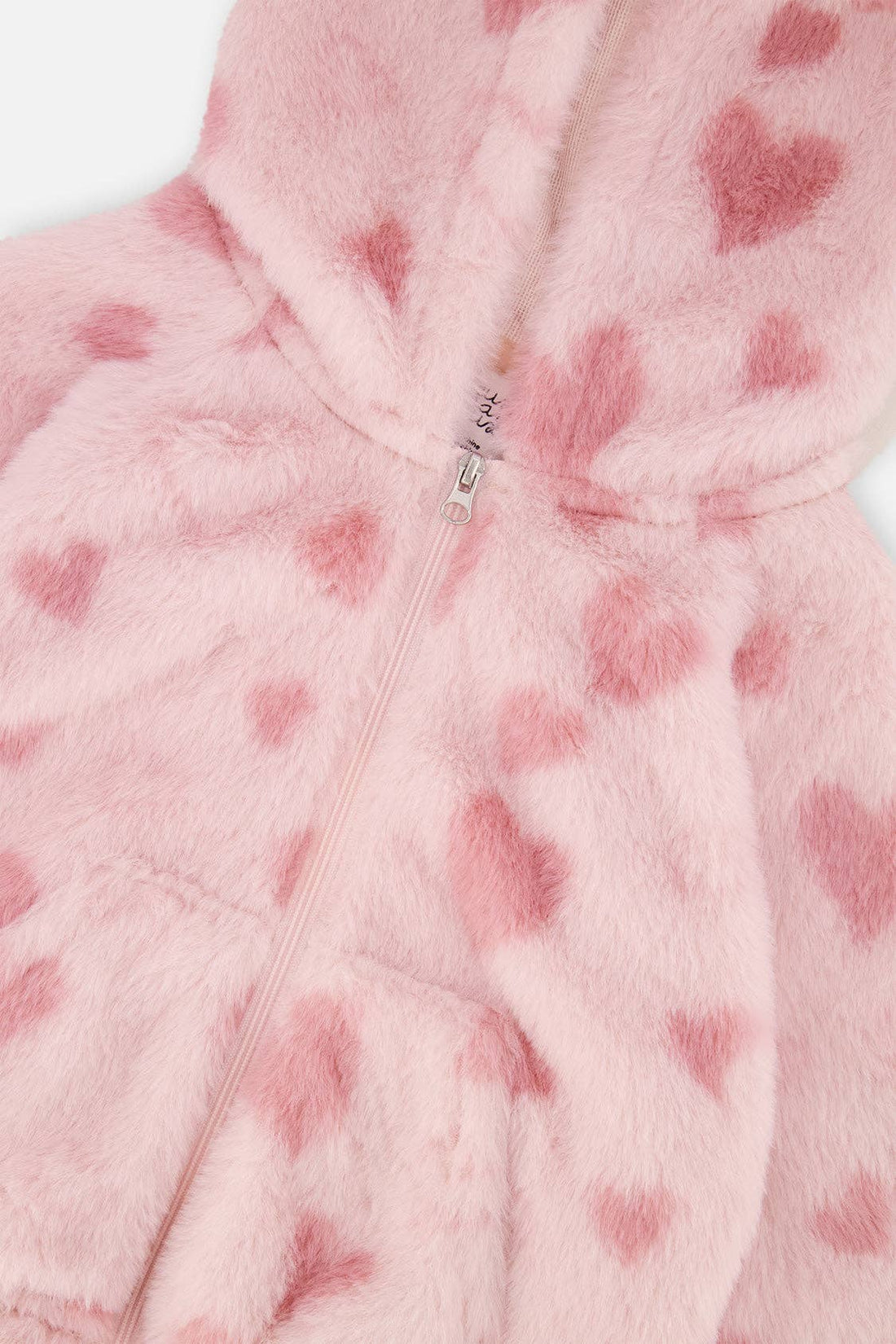 Baby Hooded Full Zip Faux Fur Jacket Pink With Hearts