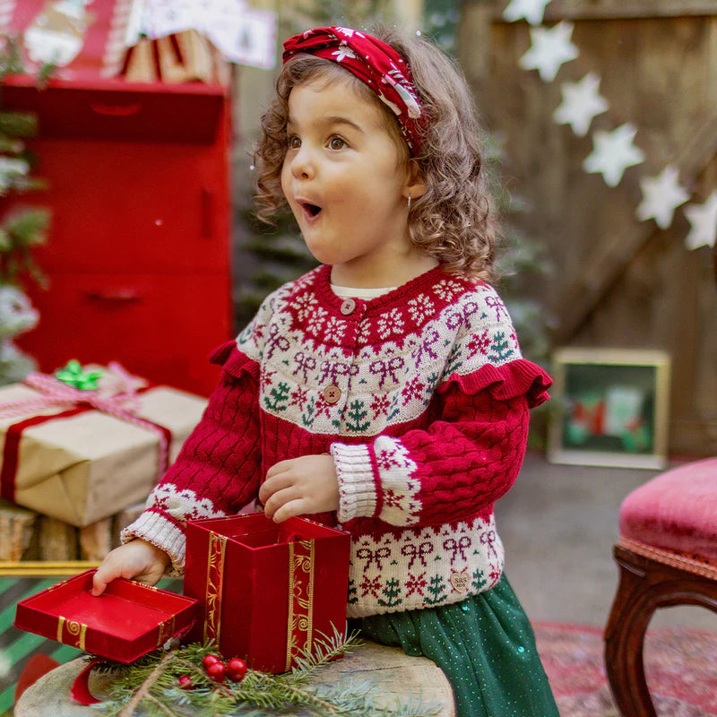 RED KNIT CARDIGAN WITH JACQUARD PATTERNS, BABY