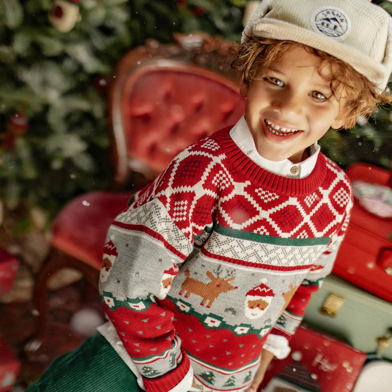 RED KNIT SWEATER WITH FESTIVE PATTERNS, CHILD