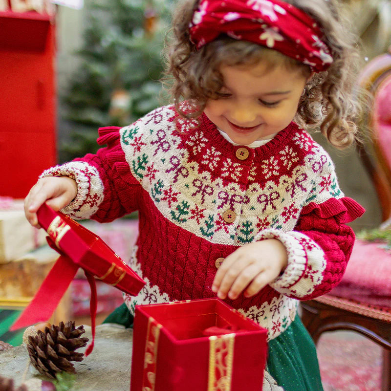 RED KNIT CARDIGAN WITH JACQUARD PATTERNS, BABY