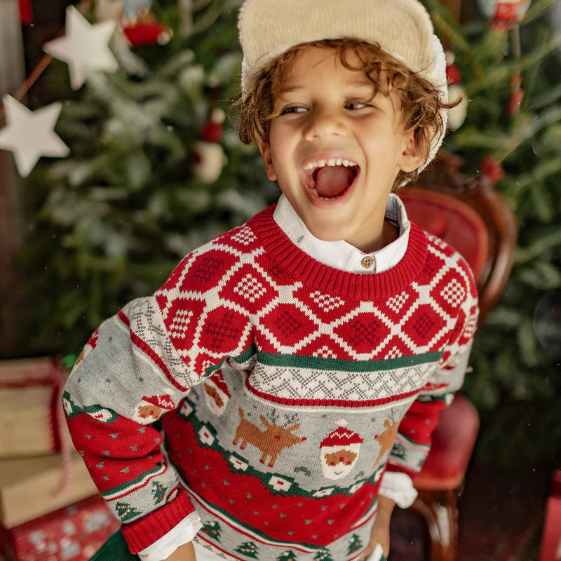 RED KNIT SWEATER WITH FESTIVE PATTERNS, CHILD