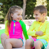 Girls Neon Color Block Long Sleeve One Piece Rash Guard Swimsuit