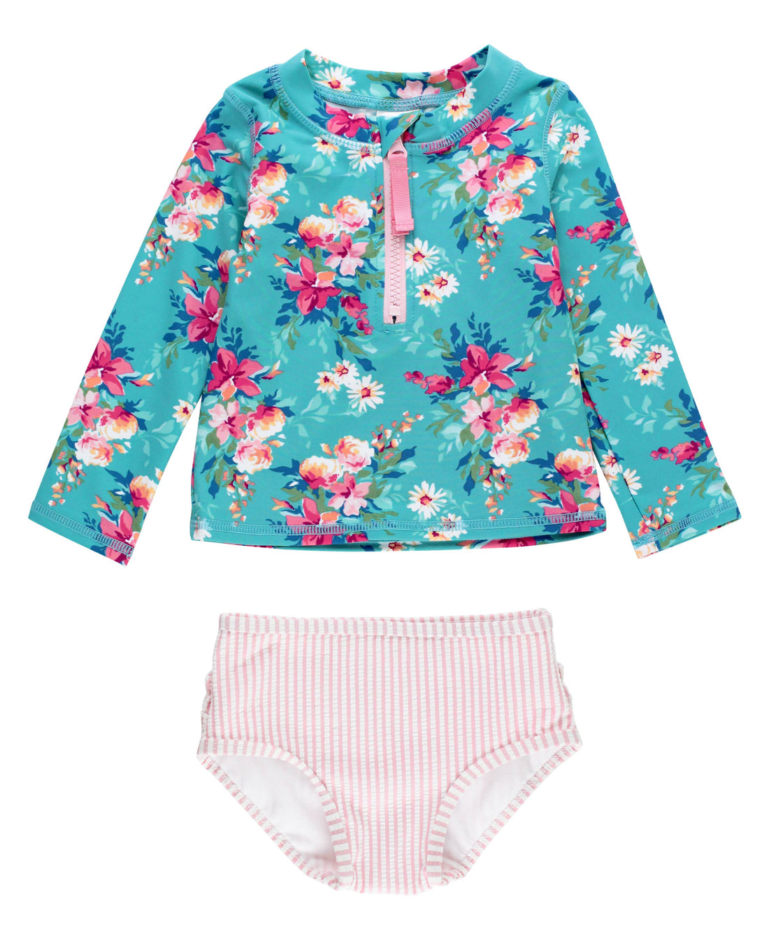 Girls Fancy Me Floral Long Sleeve Zipper Rash Guard 2-Piece Swimsuit with Signature Rear Ruffles