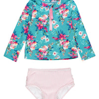Girls Fancy Me Floral Long Sleeve Zipper Rash Guard 2-Piece Swimsuit with Signature Rear Ruffles