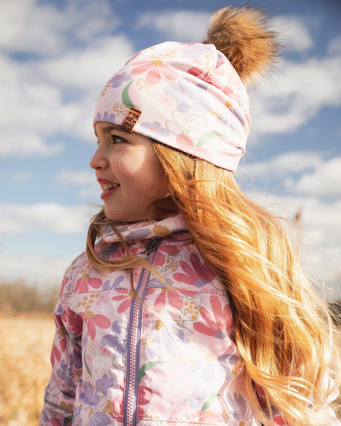 Stretch Jersey Hat Pink Flower Print With Pompom