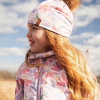 Stretch Jersey Hat Pink Flower Print With Pompom