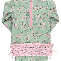 Baby Girls Tea Roses Long Sleeve One Piece Rash Guard Swimsuit with Signature Rear Ruffles