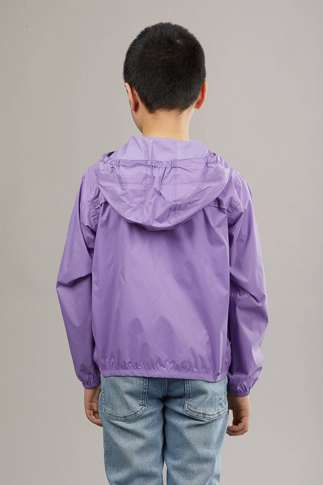 Kids light purple full zip packable rain jacket and windbreaker