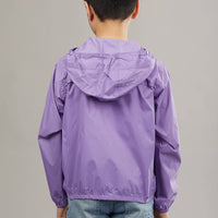 Kids light purple full zip packable rain jacket and windbreaker