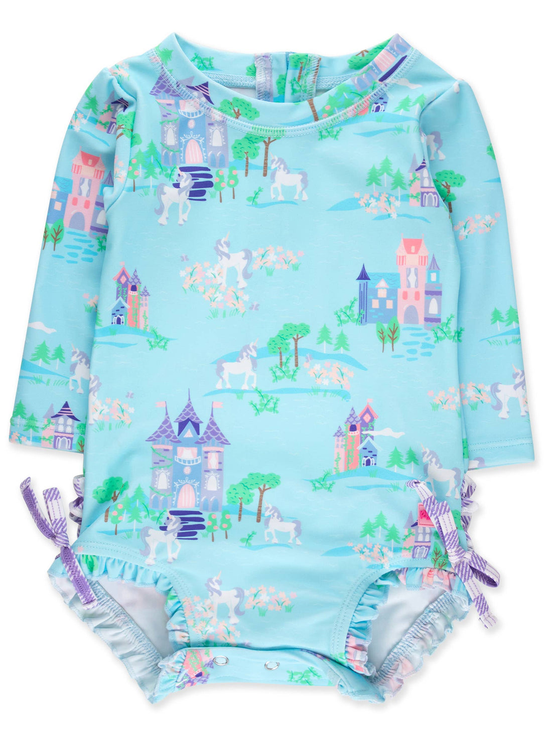 Baby Girls Once Upon a Castle Long Sleeve One Piece Rash Guard Swimsuit with Signature Rear Ruffles