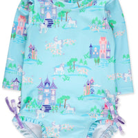 Baby Girls Once Upon a Castle Long Sleeve One Piece Rash Guard Swimsuit with Signature Rear Ruffles