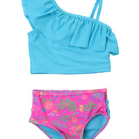 Girls Neon Island Time One Shoulder Ruffle Tankini 2-Piece Swimsuit with Signature Rear Ruffles