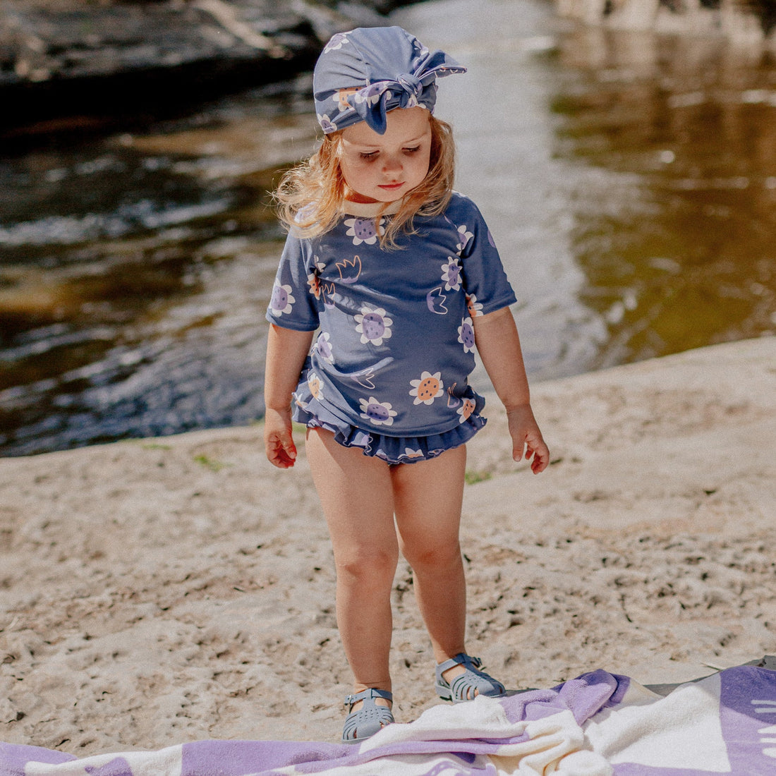BLUE BATHING CAP WITH FLOWERS PATTERN, BABY