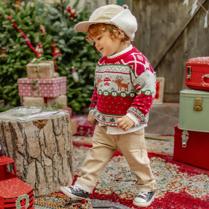 RED KNIT SWEATER WITH FESTIVE PATTERNS, BABY