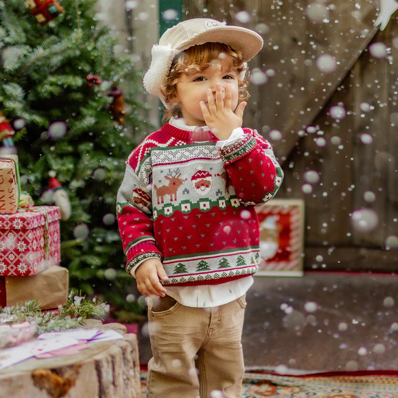 RED KNIT SWEATER WITH FESTIVE PATTERNS, BABY