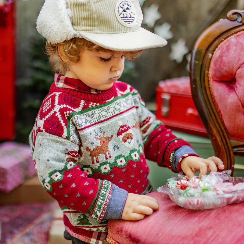 RED KNIT SWEATER WITH FESTIVE PATTERNS, BABY