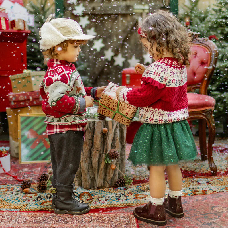 RED KNIT SWEATER WITH FESTIVE PATTERNS, BABY