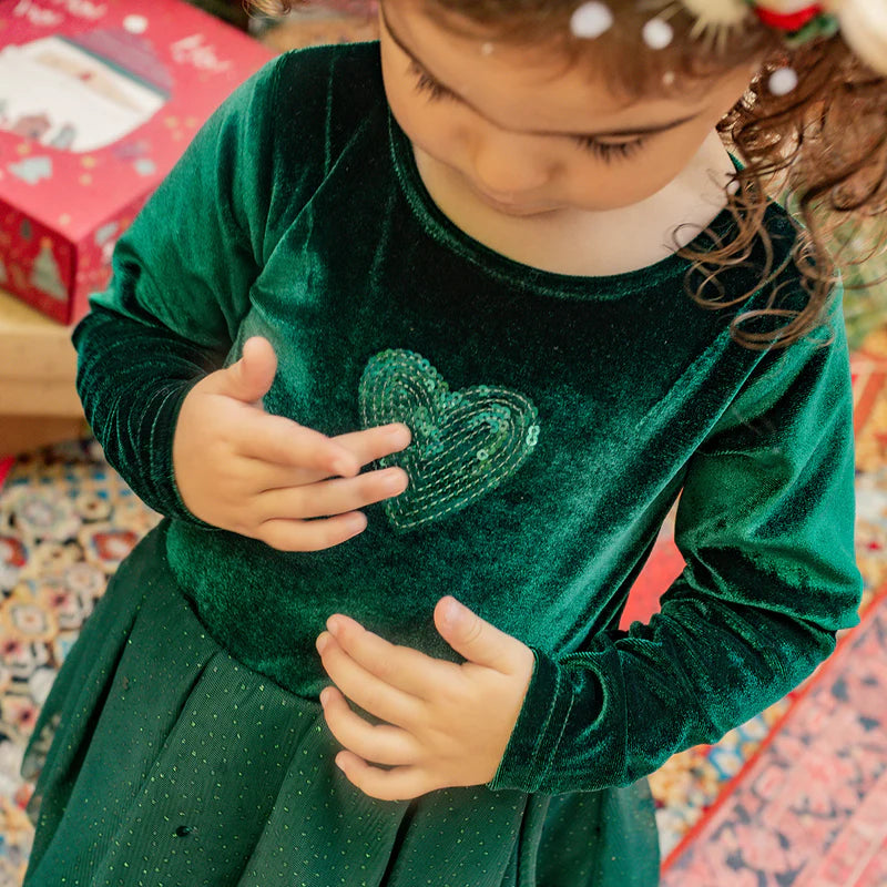 GREEN DRESS IN VELVET AND SEQUIN, BABY