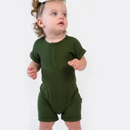 Ribbed Bamboo Short Sleeve Shortall Romper - Forest Green
