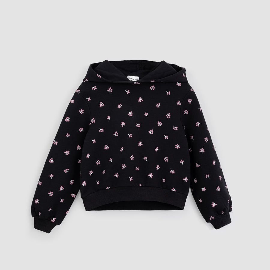 Winterberry Print on Black Hooded Girls Sweatshirt