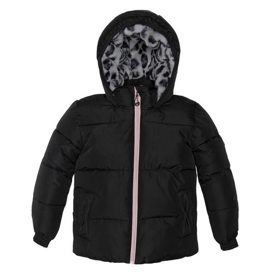 Black Puffy Winter Jacket With Faux Fur Leopard Print Hood
