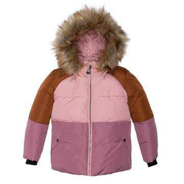 Colorblock Hooded Faux-Fur Winter Puffer Parka in Pink and Brown