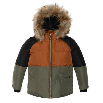 Colorblock Hooded Faux-Fur Winter Puffer Parka in Khaki and Brown