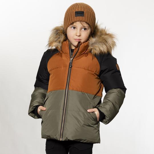 Colorblock Hooded Faux-Fur Winter Puffer Parka in Khaki and Brown