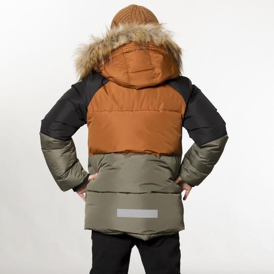 Colorblock Hooded Faux-Fur Winter Puffer Parka in Khaki and Brown