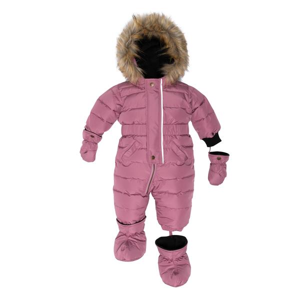 Soft Mauve Hooded Faux-Fur Winter Puffer 1-Piece Snowsuit