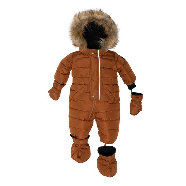 Brown Hooded Faux-Fur Winter Puffer 1-Piece Snowsuit