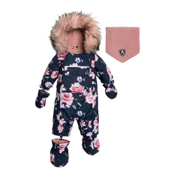Printed Roses One Piece Baby Snowsuit Navy