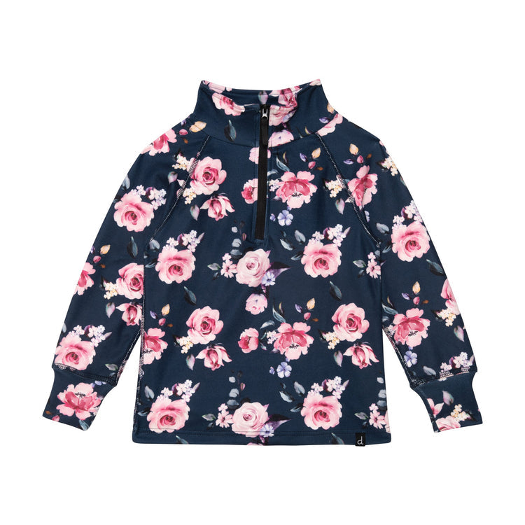 Two Piece Thermal Underwear Navy With Printed Roses