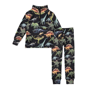 Two Piece Thermal Underwear Black With Dinosaur Print