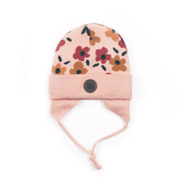 Baby Earflap Winter Hat Pink With Flowers
