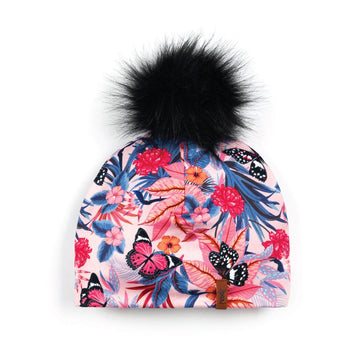 Printed Detachable Pompom Hat Pink & Blue Butterflies