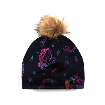 Printed Detachable Pompom Hat Black Unicorns